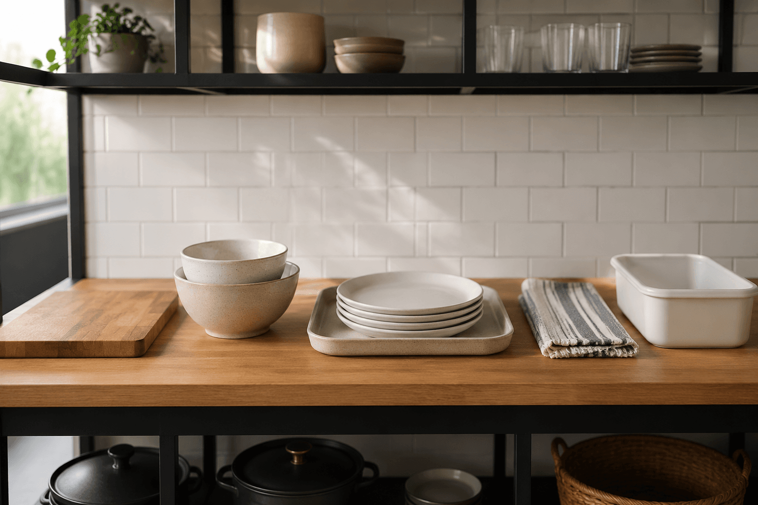 A linear home kitchen prep counter arranged from cut to clean